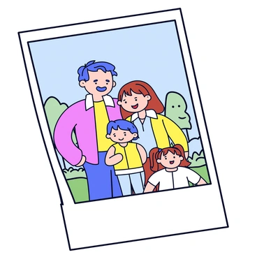 A vintage, faded photograph featuring a family standing together in a park. The family is comprised of four members: a father with a mustache, a mother with long hair, a young boy with a playful smile, and a girl with pigtails. One face in the photograph is blurred out, creating a sense of absence. The edges of the photograph are worn, and the colors have softened over time, contributing to the nostalgic atmosphere. The background shows a few trees and grass, adding to the family scene.