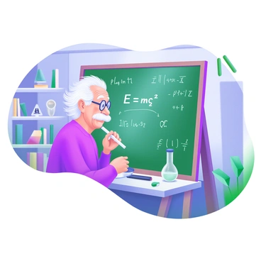 An illustration of "Einstein" with unkempt white hair, wearing round glasses, and a thoughtful expression, stands in front of a large blackboard. The blackboard is covered in complex equations related to his "theory of relativity," including symbols like "E=mc²" and various mathematical notations. Einstein holds a piece of chalk in one hand, poised to write, while his other hand rests on his chin. The setting is a well-lit room filled with bookshelves and scientific instruments, creating an academic atmosphere.