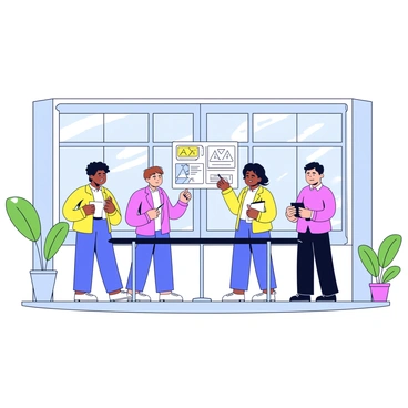 A group of five employees is gathered in an office setting for a safety briefing. The employees are standing around a large rectangular table. Each employee has a notepad and a pen in their hands, attentively listening. One person is standing at the front, pointing to a safety chart displayed on a nearby wall. The office features large windows that let in natural light, and there are green plants in the corners of the room. The walls are painted in a neutral color, creating a professional atmosphere.