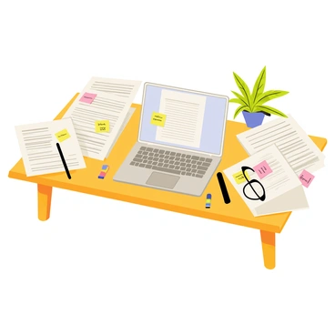 A cluttered wooden desk covered with stacks of white patent documents. A silver laptop is positioned in the center, its screen displaying a document. Various colorful sticky notes are scattered around the desk, some attached to the documents. A black pen and a pair of reading glasses lie next to the laptop, while a green desk plant can be seen in the corner. A USB drive is plugged into the laptop.