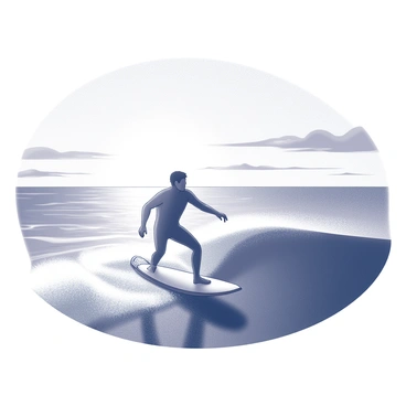 A surfer riding a large ocean wave, positioned dynamically on the board with one arm extended for balance. The wave curls majestically around the surfer. In the background, the sun is setting on the horizon, casting an expansive light that creates a silhouette effect on the water. The sky features various gradients of light as the day transitions to evening. The scene captures the energy and motion of the surfer against the wave and the serene beauty of the sunset.