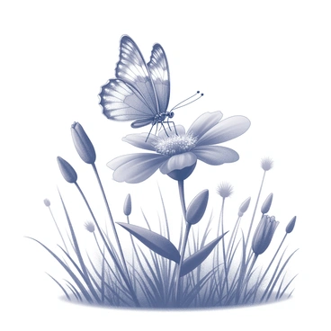 A butterfly with intricate wing patterns is delicately perched on a flower. The flower has large, vibrant petals that are open wide, showcasing its intricate details. The meadow is filled with various types of grass and additional wildflowers scattered throughout. Sunlight creates soft shadows and highlights across the scene, emphasizing the beauty of the butterfly and the flower.