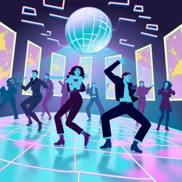 A vibrant disco dance floor filled with energetic dancers. The floor is covered in glossy tiles reflecting a spectrum of colorful lights. A large mirror ball spins overhead, scattering shimmering light patterns across the space. The room is illuminated with hues of blue, pink, green, and yellow, creating a lively atmosphere. People are dressed in flashy outfits, moving rhythmically to the music, with some striking dynamic dance poses. The walls are adorned with neon decorations that pulse in time with the beat.