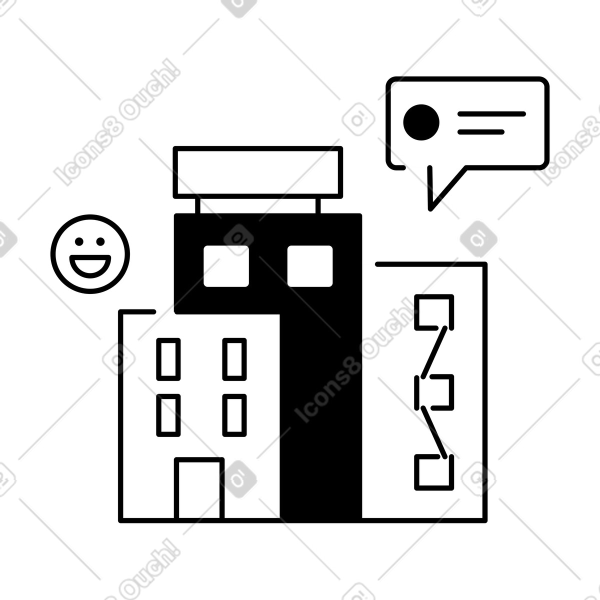 Ilustración Buildings communication chat bubble and smiley face urban feedback concept en estilo a descargar en PNG y SVG