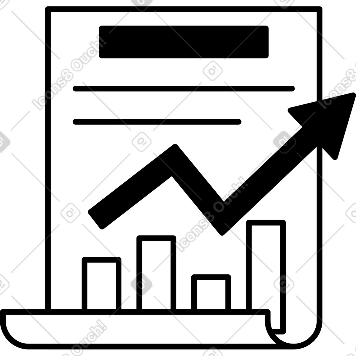 Illustration Report document with rising arrow and increasing bar chart statistics dans le style Notion Line Art à télécharger aux formats PNG, SVG