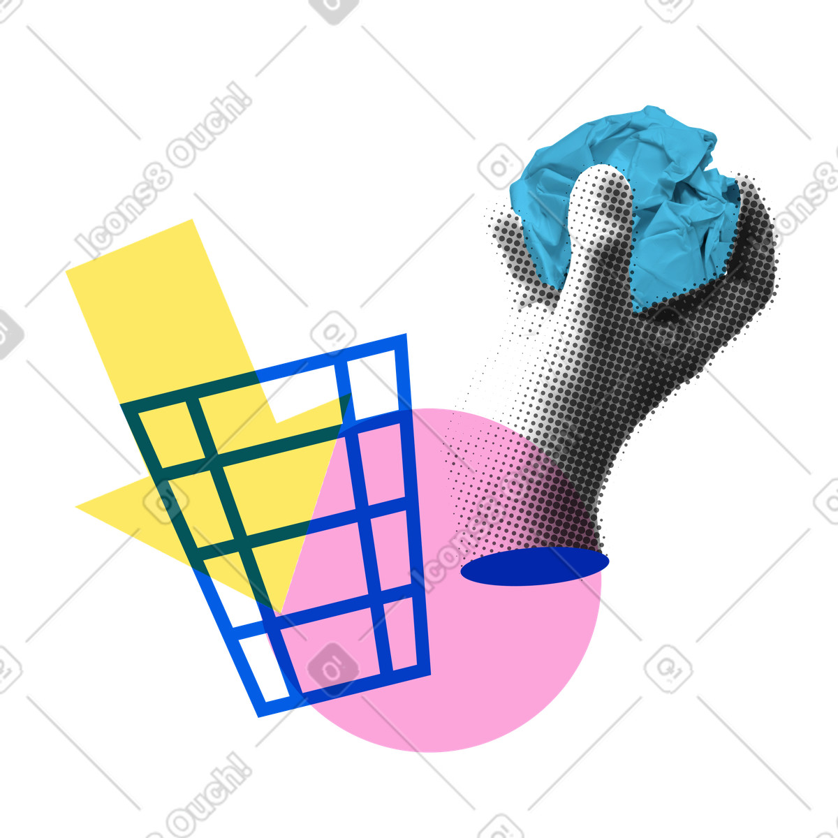 Deleting file with hand throwing paper ball into waste basket illustration in PNG, SVG