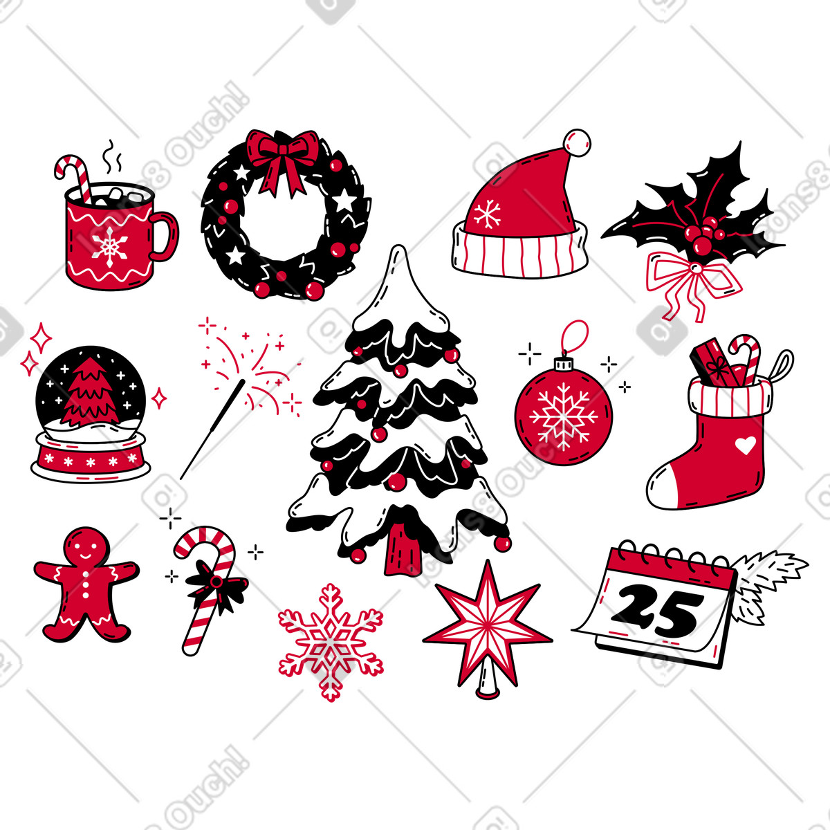 Illustration Articles de noël : sapin, couronne, bonnet père dans le style Ruby à télécharger aux formats PNG, SVG