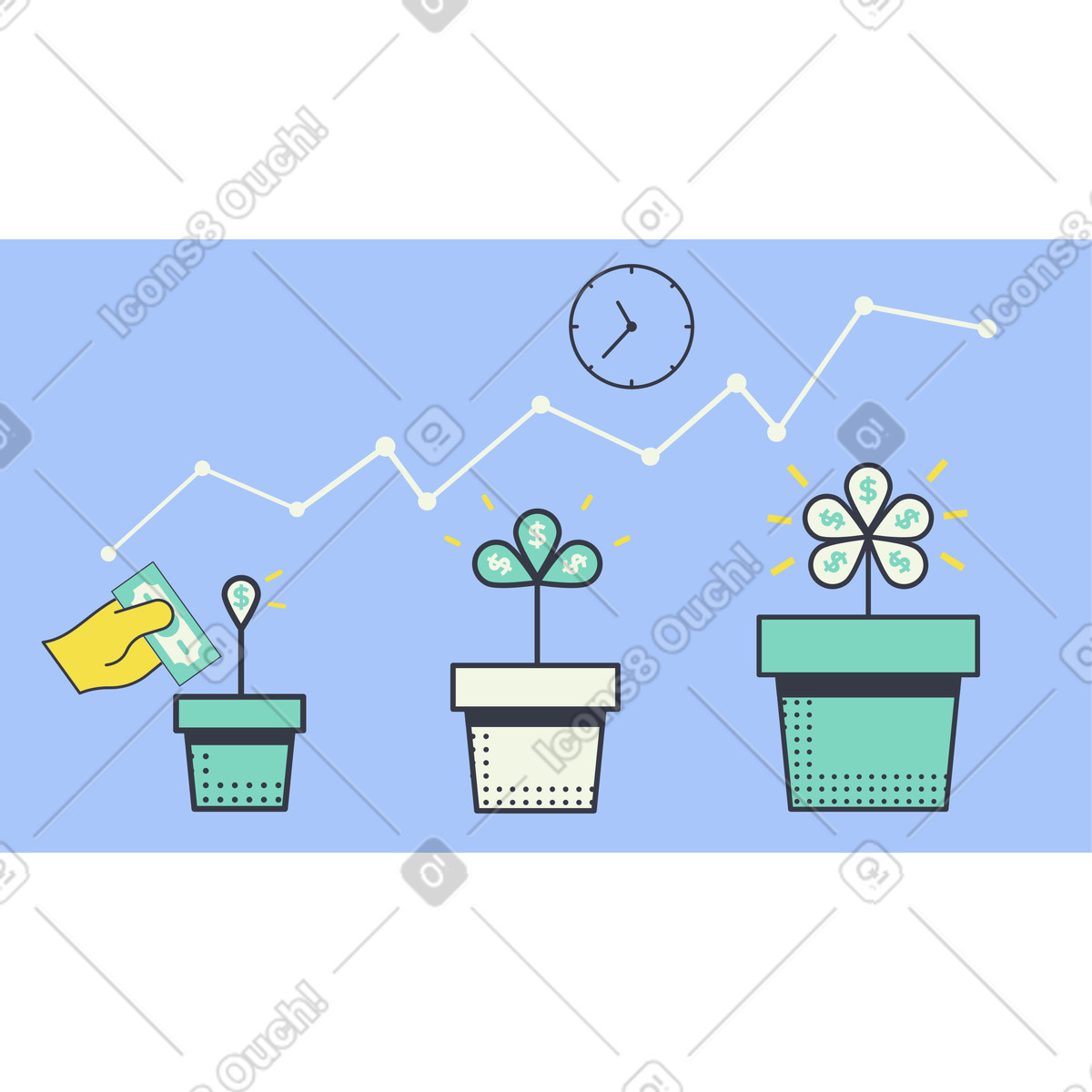 Planting investments and harvesting wealth from profits illustration in PNG, SVG