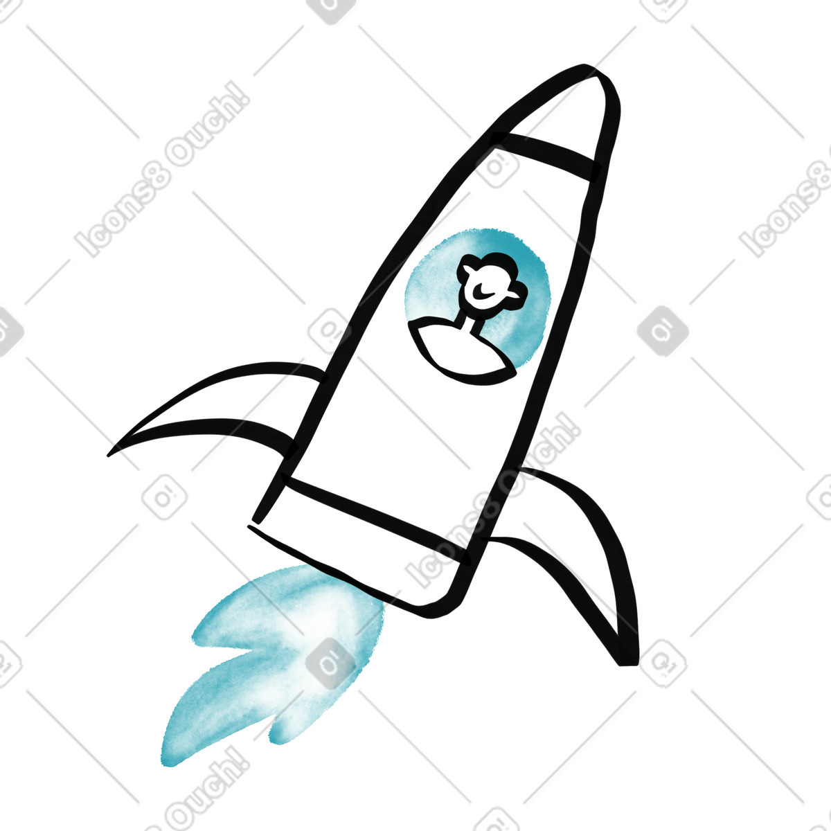 Rocket spaceship with smiling astronaut window and blue flame trail illustrazione in stile Watercolor sketch scarica in PNG, SVG