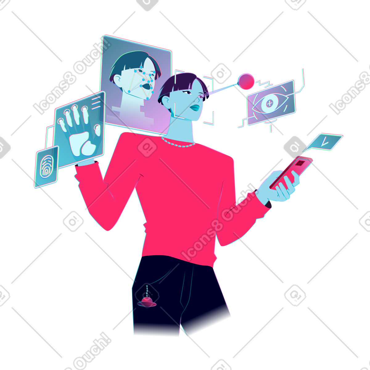 Illustration Interacting with biometric verification screens, Digital identity authentication dans le style Neon à télécharger aux formats PNG, SVG