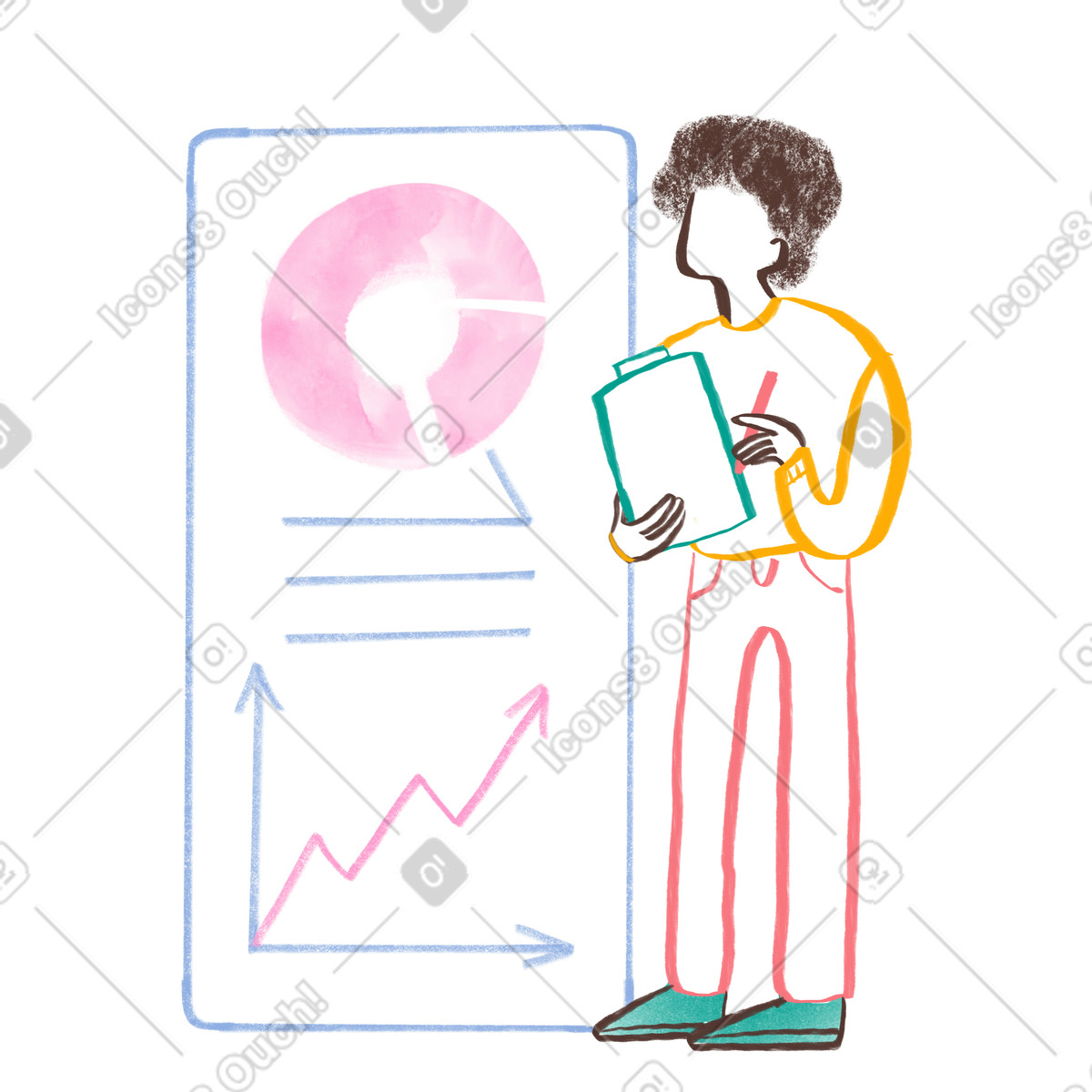 Office worker looking at analytics presentation illustration in Company style download in PNG, SVG