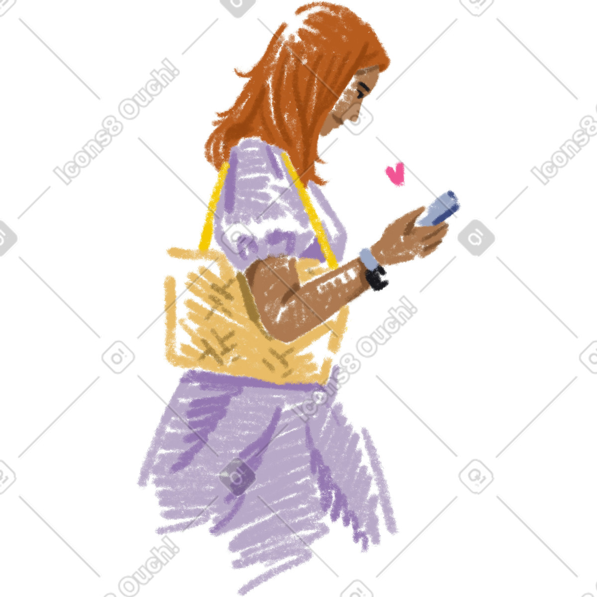 下载 Sketchbook 风格的 女人边走路边看手机 插画，支持 PNG、SVG 格式
