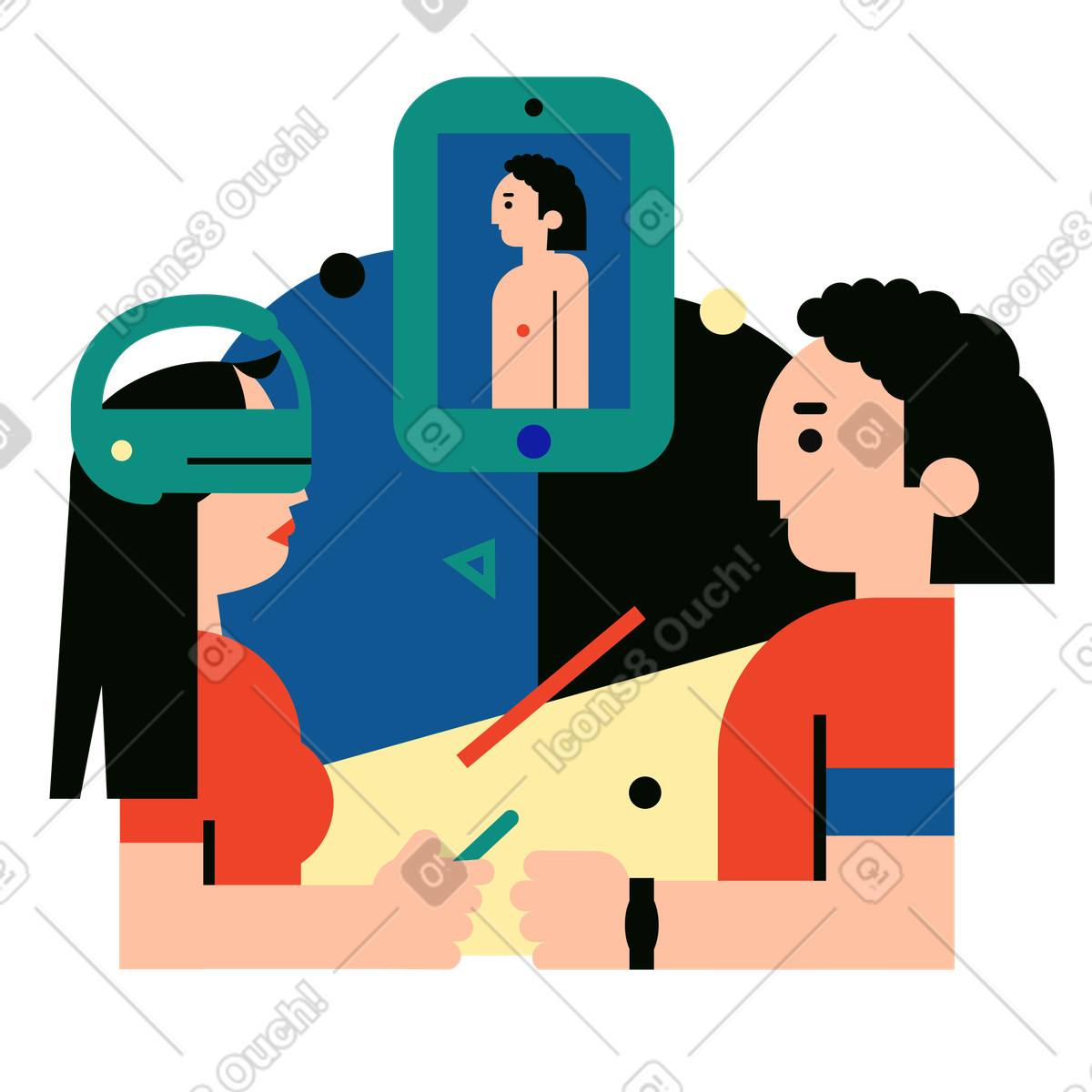 Donna con visore vr che vede un uomo senza maglietta illustrazione in stile Polar scarica in PNG, SVG