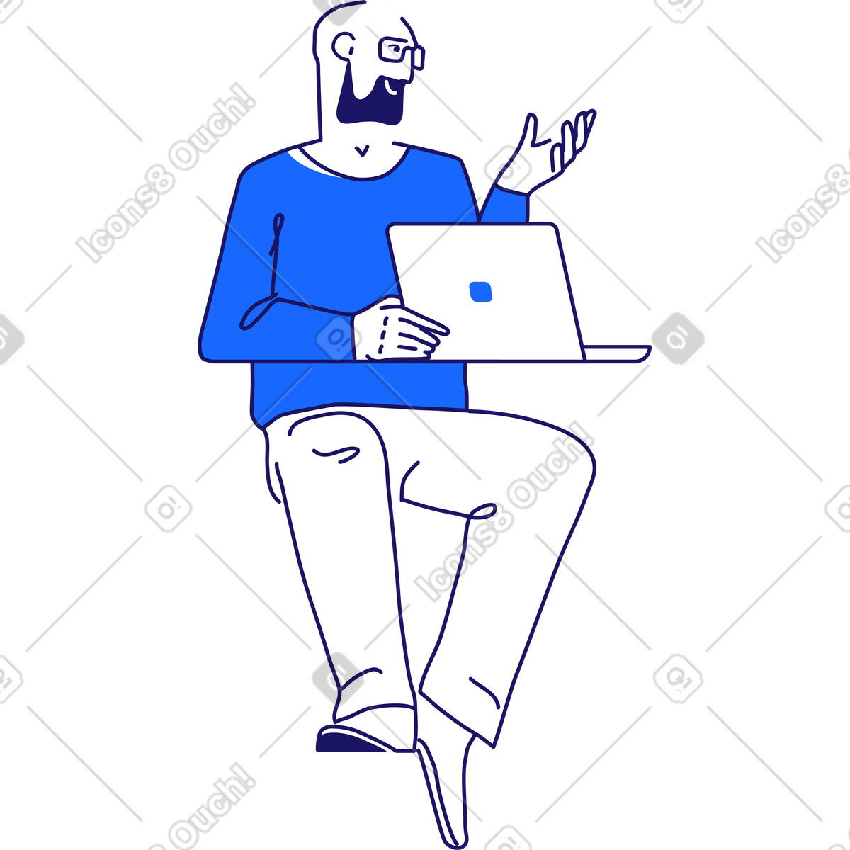 下载 Matey 风格的 戴眼镜的男人手里拿着一台笔记本电脑坐着 插画，支持 PNG、SVG 格式