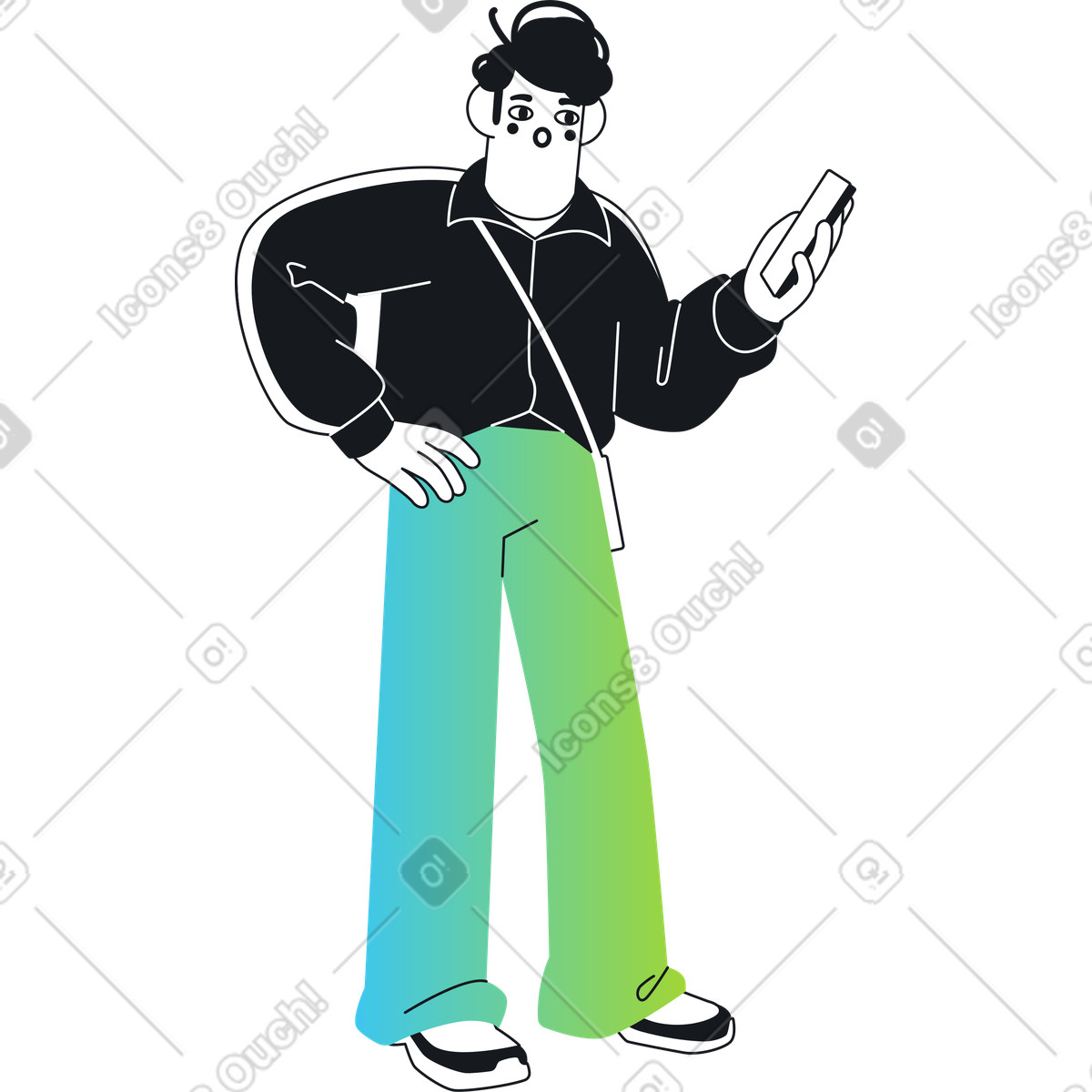 Überrascht mann in farbverlauf hose schaut auf sein handy-Illustration im Breeze-Stil als Download PNG, SVG