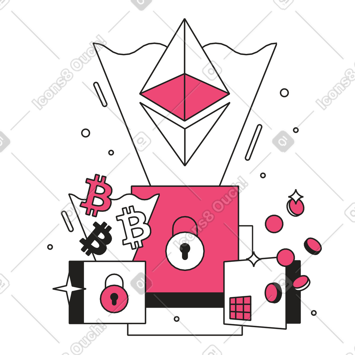 Ilustración Secure storage for cryptocurrencies, Blockchain asset protection en estilo Dazzle Line a descargar en PNG y SVG