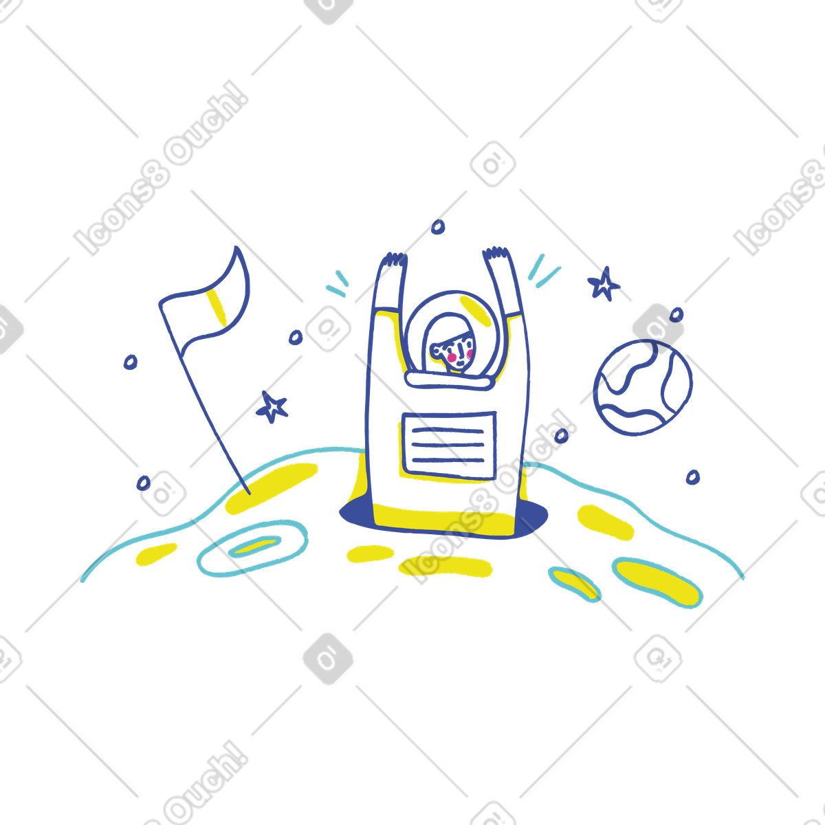 Ilustración Cosmonauta entrando en un cráter del planeta. estilo Lime a descargar PNG y SVG