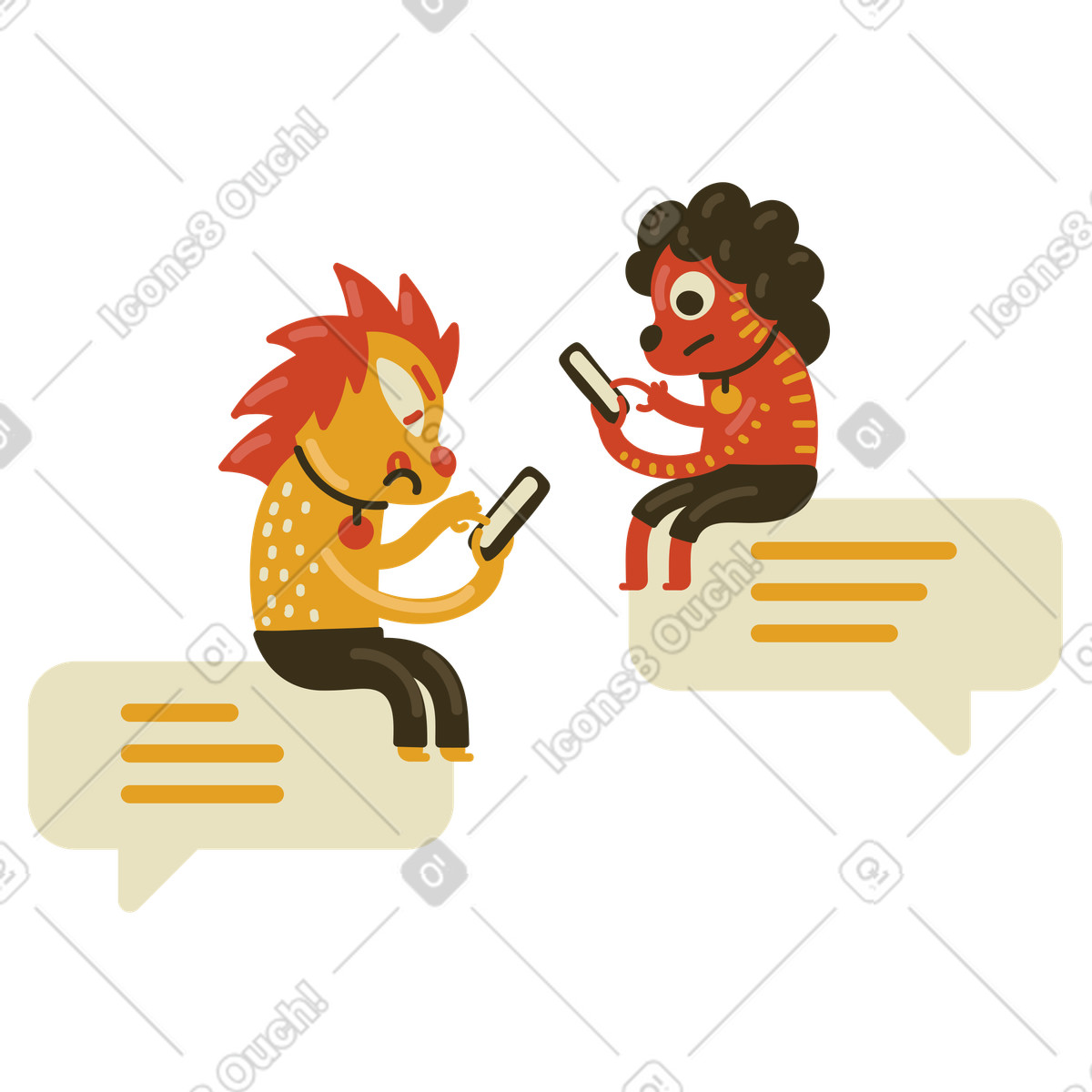Arabica スタイルの Characters chatting on phones, Instant messaging or virtual discussion のイラストをPNG、SVG形式でダウンロード