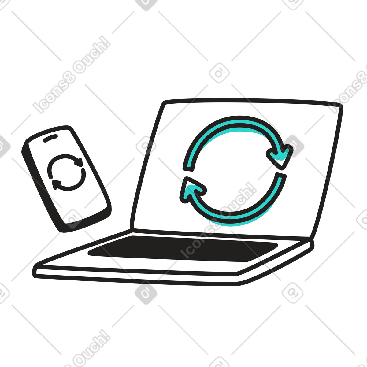 Device synchronization between laptop and phone illustration in Little style download in PNG, SVG