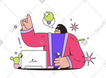 노트북 근처에 앉아서 아이디어를 내는 여성 PNG, SVG