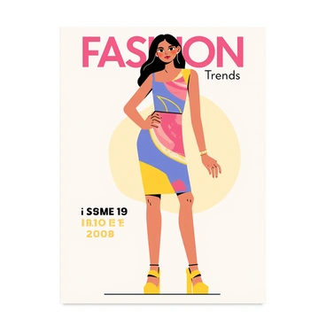 A magazine cover featuring a fashionable model standing confidently. The model is wearing a sleek, flowing dress with vibrant colors and bold patterns. She has long, wavy hair styled elegantly, and her makeup is dramatic with striking eyeliner and a bold lip color. The background is a soft gradient that complements the colors of the dress. Large, stylish text at the top reads "Fashion Trends", while smaller text at the bottom highlights the magazine's issue month and year. The overall composition is eye-catching and sophisticated.