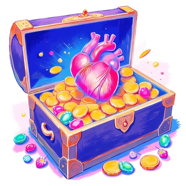 A human heart is placed delicately at the center of an open treasure chest. Surrounding the heart are glimmering gold coins, their surfaces reflecting light in various directions. Richly colored jewels, including deep red rubies, bright green emeralds, and sparkling diamonds, are scattered around the heart and coins, adding to the overall opulence. The wooden treasure chest is slightly weathered, with ornate carvings on its sides, and the interior is lined with a soft, dark fabric that contrasts with the shiny treasures inside.