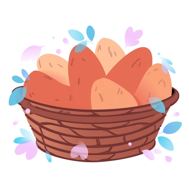 A rustic wicker basket is placed on a wooden table. The basket is overflowing with freshly harvested sweet potatoes, displaying their rich orange and earthy tones. The sweet potatoes vary in size and shape, some with a smooth texture and others with a rougher, more organic appearance. Surrounding the basket are a few scattered leaves, adding a touch of nature to the arrangement. The wooden table features visible grain patterns that enhance the rustic feel of the scene.