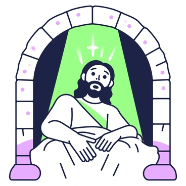 A surprised Lazarus is sitting up inside a tomb. He has long hair and a beard, with a look of astonishment on his face. The tomb has rough stone walls and an arched entrance. Rays of light are shining down, illuminating his features, creating dramatic highlights on his face. His hands are resting on his knees, and he is wrapped in burial cloth. In the background, the tomb is dimly lit, adding contrast to the brilliant light surrounding him.