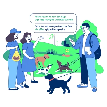 A group of three dog owners is gathered at a green pet park, each holding leashes attached to their playful dogs. One owner, wearing a blue baseball cap, animatedly gestures while explaining the "refer-a-friend discount" on pet products. The second owner, a woman with long brown hair tied back, nods enthusiastically while holding a yellow treat bag filled with dog snacks. The third owner, a man with glasses, smiles as he takes out his phone to look up details on the pet products. In the background, other dogs are running and playing, creating a lively atmosphere.