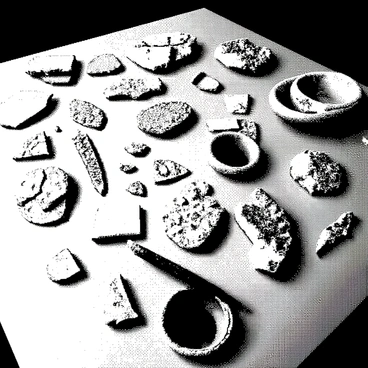 A collection of pottery fragments is arranged neatly on a wooden table. Various shapes and sizes of the fragments are visible, some featuring intricate designs and embossed patterns. The pieces have varied textures, with some smooth and others rough. The lighting casts soft shadows, enhancing the details on the surface of each fragment. There is a small tool kit containing adhesive and brushes placed next to the fragments, indicating the process of reconstruction. The background is blurred, emphasizing the focus on the pottery fragments.