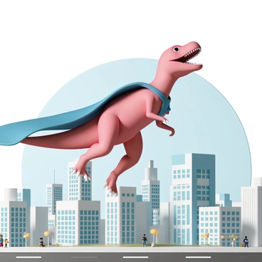 A T-Rex, wearing a bright red superhero costume complete with a blue emblem on its chest, is soaring through the sky above a bustling city. Its powerful arms are stretched out front, and its mouth is opened wide in a fierce roar. A long, vibrant blue cape flows dramatically behind it, fluttering in the wind. Below, the city is filled with tall skyscrapers, several of which have windows reflecting the sunlight. Some tiny figures on the streets below are looking up in astonishment at the flying dinosaur.