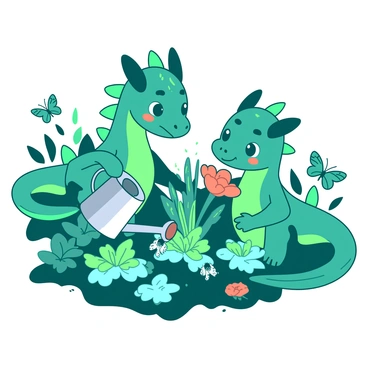 Two teal dragons with friendly expressions are tending to a lush garden filled with various exotic, glowing plants. One dragon is gently watering the plants with a shiny silver watering can, while the other dragon is carefully trimming the leaves of a bright orange flower. The garden features a variety of plants, all emitting soft, radiant light in shades of green and blue. In the background, there are colorful butterflies fluttering around, adding to the lively atmosphere of the garden.