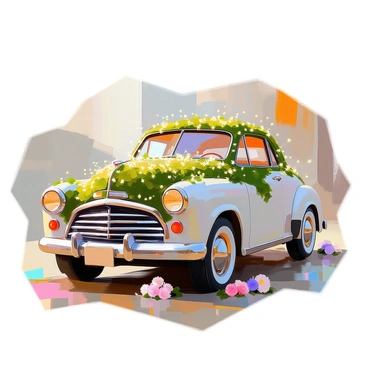A vintage wedding car, adorned with a thick layer of green moss, is nestled in a natural setting. The moss covers the hood and roof, creating a rich texture. Twinkling fairy lights are intricately woven through the moss, casting a warm glow. The car features elegant curves and classic details, while the surrounding greenery enhances the enchanting atmosphere. Delicate flowers in soft colors are scattered around the base of the car, adding a touch of romance. A soft, dreamy ambiance fills the scene.