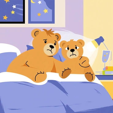 A stuffed teddy bear with soft, brown fur is sitting beside a child in a cozy bed. The child has tousled hair and tear-filled eyes, looking startled after waking up from a nightmare. The teddy bear's arms are gently wrapped around the child's shoulder, providing comfort. The child's bedroom is softly illuminated by a nightlight, casting a warm glow. There are colorful posters of stars and moons on the walls, and a small bedside table holds a glass of water and a picture book.