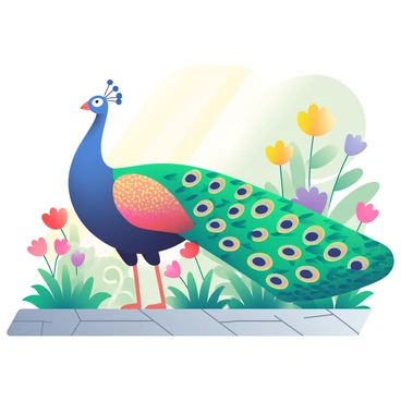 A peacock with iridescent blue and green plumage is standing proudly in a lush garden. Its tail feathers are fully extended, showcasing a stunning array of eye-catching patterns and vibrant colors. The garden is filled with blooming flowers in shades of pink, yellow, and purple, surrounded by green foliage and tall grass. Sunlight filters through the leaves, casting soft shadows on the ground. In the background, a small stone pathway winds through the garden, adding to the serene atmosphere.