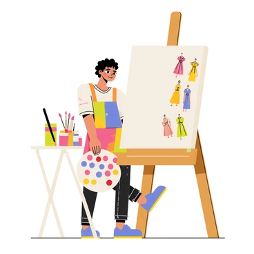 An artist mixing vibrant paint colors on a palette to create fashion illustrations.