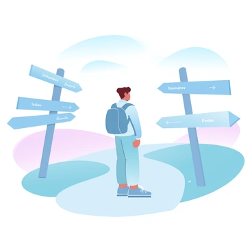 A person is standing at a crossroads, surrounded by an array of signposts. Each signpost has a distinct direction indicated, with arrows pointing to various locations. The person is dressed in a casual outfit, complete with a backpack, as they look at the signposts in contemplation. The setting features a well-trodden path that splits into multiple directions, with a soft landscape of grassy areas and gentle hills in the background. The sky is filled with a gradient of pastel colors, creating a serene atmosphere over the crossroads.