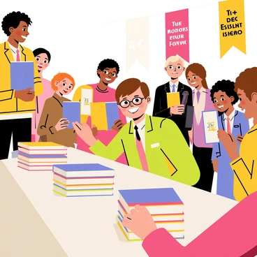 An author sitting at a long table with a polished wooden surface at a fashion book signing event. The author has short brown hair and wears stylish glasses, holding a pen and smiling brightly. Surrounding the table are eager fans of diverse backgrounds, some holding books with bright covers while others are taking photos. Stacks of the author's book are neatly arranged on the table, featuring a vibrant cover design. Colorful banners with the book title are displayed in the background, enhancing the lively atmosphere of the event.