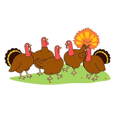 A group of five cartoonish turkeys with colorful feathers, each displaying unique shades of brown, red, and orange. They are gathered in a circle, each turkey striking a different funny dance pose. One turkey is balancing on one leg, another is flapping its wings excitedly, and a third turkey is doing a silly spin with its head tilted to the side. The ground beneath them is a grassy patch with a few scattered autumn leaves. In the background, there are a couple of trees with vibrant fall foliage, adding to the playful atmosphere.