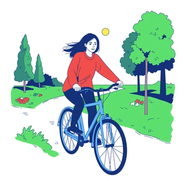 A person wearing a lightweight red pullover is riding a blue bicycle through a sunny park. The sun is shining brightly, casting shadows on the green grass. Tall trees with lush foliage line the path, and a few colorful flowers are blooming nearby. The rider has a focused expression, with their hair flowing in the breeze as they pedal along the path.