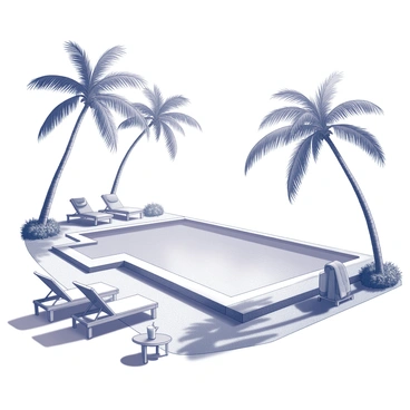 A tropical poolside scene featuring a large swimming pool with clear water reflecting the surroundings. Several palm trees with long, slender trunks and fronds are swaying gently in the breeze, casting intricate shadows on the ground. There are lounge chairs arranged neatly around the pool, with some displaying towels draped over them. A small table is positioned nearby, holding a drink with a straw. The pool area is surrounded by lush greenery, enhancing the tropical atmosphere.