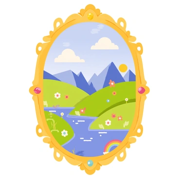 An ornate mirror with an intricate golden frame adorned with floral patterns and gemstones. The surface of the mirror reflects a vibrant magical land, showcasing rolling hills with colorful flowers and sparkling rivers. In the background, majestic mountains rise under a bright blue sky filled with fluffy white clouds. Small, whimsical creatures can be seen playing near the river, while a rainbow arches across the horizon. The mirror itself has a slight glow, hinting at its magical properties.