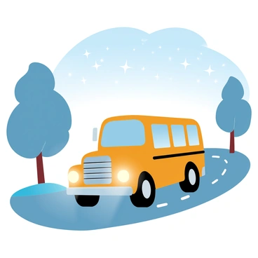A mini school bus with its lights on is driving along a winding road. The bus is painted in bright yellow and features large windows. The headlights cast a warm glow on the asphalt, illuminating the surroundings. Tall trees border the road, their silhouettes outlined against the night sky. Above, a vast starry sky is filled with countless stars twinkling. The atmosphere is calm and tranquil, with just a hint of a gentle breeze rustling the leaves.
