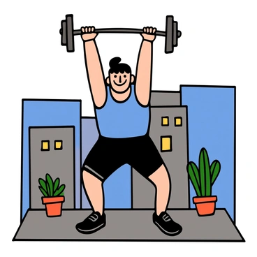 An athlete with light skin and short black hair is performing a dumbbell thruster on a rooftop. He is wearing a blue tank top and black athletic shorts, displaying a focused expression as he lifts the dumbbells overhead. The city skyline can be seen in the background, showcasing tall buildings and a clear blue sky. There are a few green potted plants on the rooftop, adding a touch of nature to the urban setting. The scene captures the dynamic movement and strength of the athlete in action.