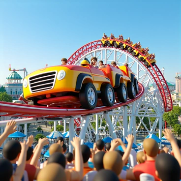 A thrilling roller coaster with bright red and yellow cars, featuring large wheels and robust axles. The coaster is racing along a high track that is suspended above a vibrant amusement park, with various attractions visible below. The track has steep drops and sharp curves, adding to the excitement of the ride. Surrounding the coaster are cheerful park-goers, some with hands raised in excitement as they watch the thrill-seekers zip by. The sky is a clear blue, accentuating the dynamic scene.