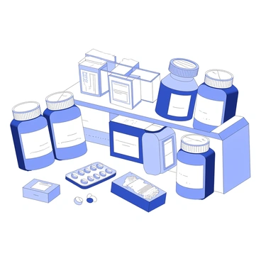 A collection of various medicine bottles and pills is displayed on a pharmacy shelf. The shelf features an arrangement of bottles in different shapes and sizes, each with a distinct label that includes dosage instructions. Some bottles are capped with child-resistant tops, while others have flip-top lids. Various pill containers are also present, showcasing different types of pills and capsules. The background of the shelf is lined with neatly organized boxes of medicine, including blister packs and packets. The overall composition reflects a well-stocked pharmacy environment.