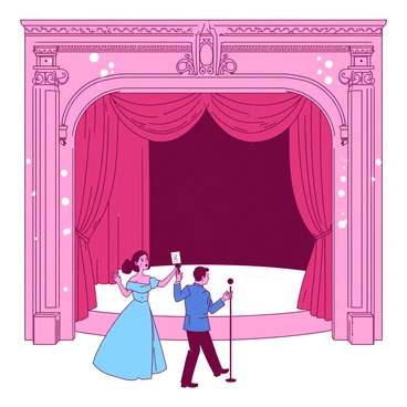 A pink ornate theater filled with rich details and intricate designs. The stage is adorned with heavy red velvet curtains that are partially drawn back. Two singers are performing on stage, one is wearing an elegant blue gown, while the other is in a sharp blue suit. The spotlight shines down on them, highlighting their expressions as they engage with the audience. In the background, the theater's opulent architecture is visible, with decorative moldings and vintage chandeliers illuminating the space. The atmosphere is vibrant and lively, showcasing the grandeur of the old theater.