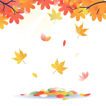 A close-up view of autumn leaves in vibrant shades of orange, red, and yellow is depicted as they gently fall to the ground. The scene captures several leaves in mid-flight, showcasing their intricate veins and textures. Below, a soft carpet of leaves has already formed on the ground, creating a colorful mosaic. The sunlight filters through the branches of nearby trees, casting dappled shadows on the ground. Some leaves are partially crumpled, adding to the natural feel of the scene, while a gentle breeze can be inferred from the movement of the leaves.