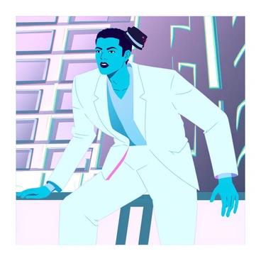 Michael Jackson wearing a sharp white suit, leaning forward in the iconic 'Smooth Criminal' pose. His hair is styled in a sleek, black manner, and he has a single black fedora tilted to one side. The background features an urban setting with subtle hints of neon lights, enhancing the dynamic and energetic mood of the scene. The focus is on his expressive face as he performs, showcasing his intense concentration and charisma.