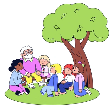 A group of four children sitting on the grass under a large, leafy green tree. The children are diverse in appearance: one with curly black hair, another with straight blonde hair, a third with red hair, and the last with wavy brown hair. They are all facing a storyteller who is sitting on a small wooden stool. The storyteller has a white beard and glasses, wearing a colorful sweater. The children are engaged, with wide eyes and smiles, showcasing their excitement. Sunlight filters through the tree leaves, creating dappled patterns on the ground around them.